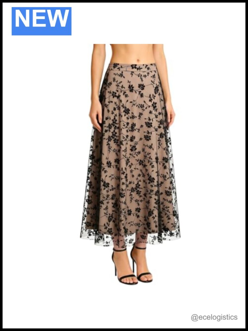 Flowy Floral Maxi Skirt High Waist A-Line Mesh Tulle Embroidered Long Skirt